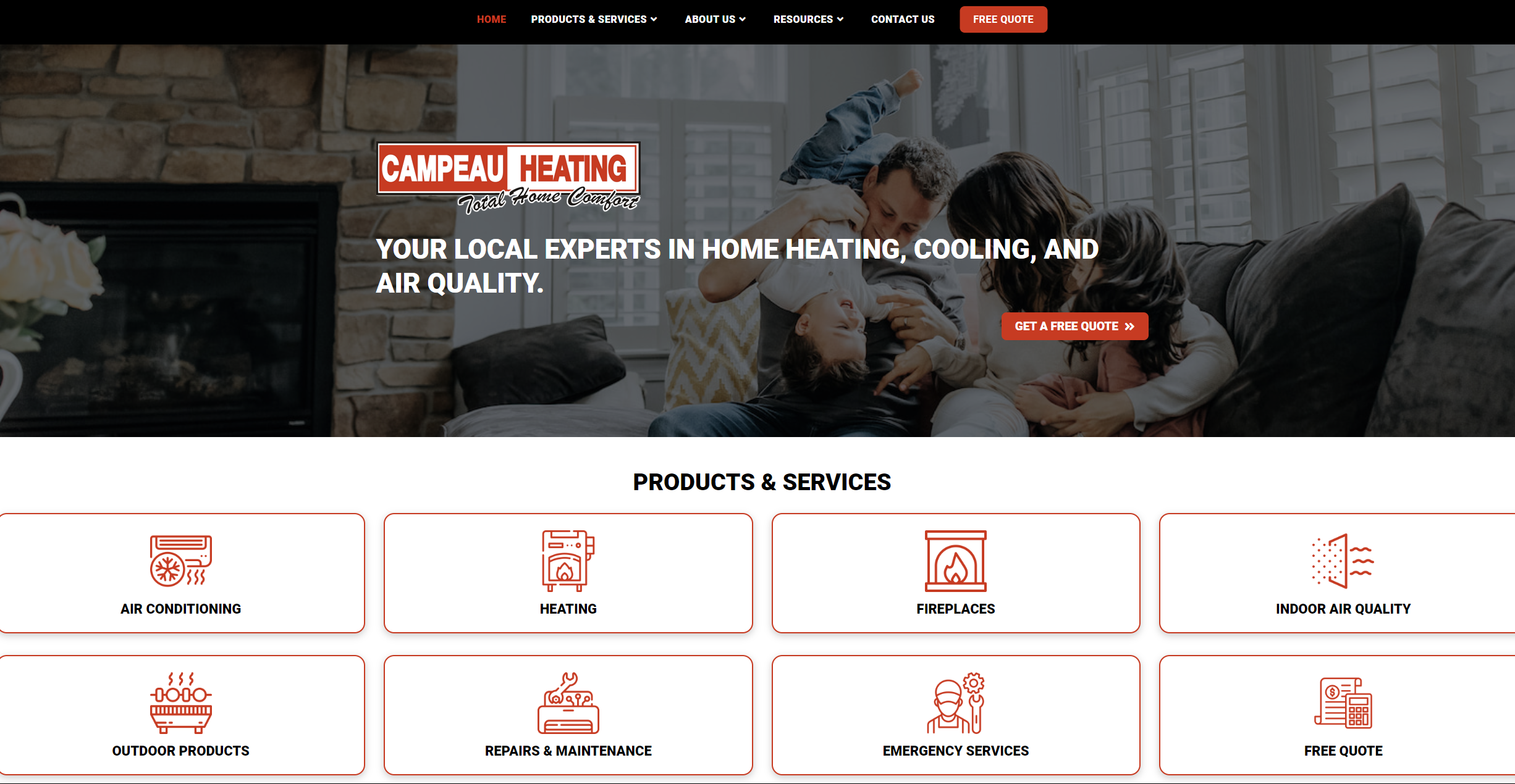 Screenshot of the homepage of the Campeau Heating website